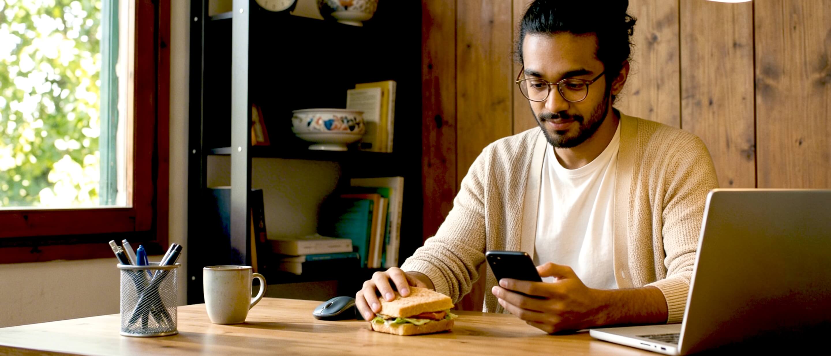 Man with smartphone and tuna sandwich