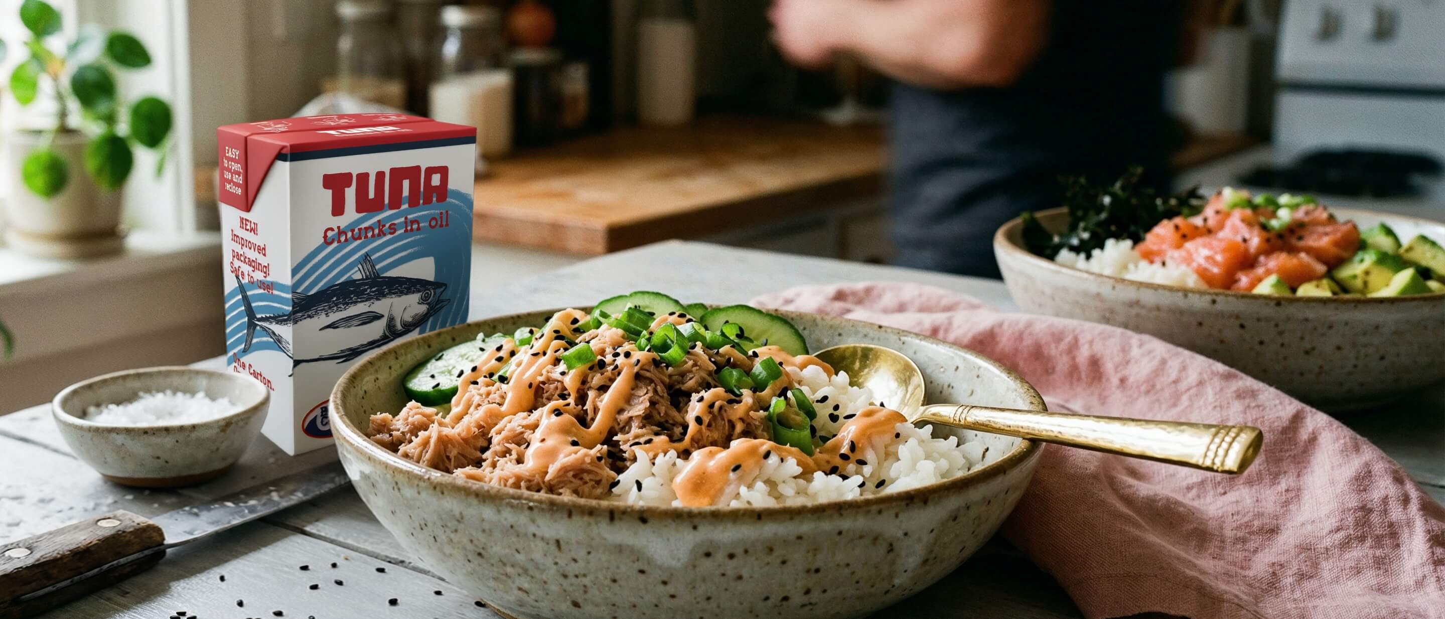 Tuna poke bowl and tuna in Tetra Recart carton