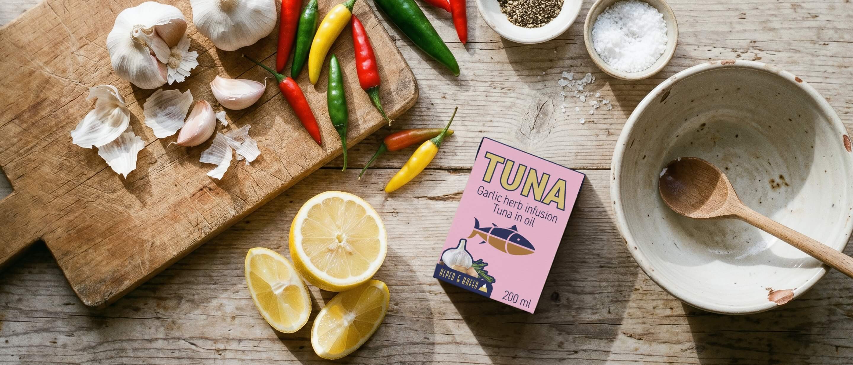 Tuna in Tetra Recart carton, fresh garlic, lemon and chili