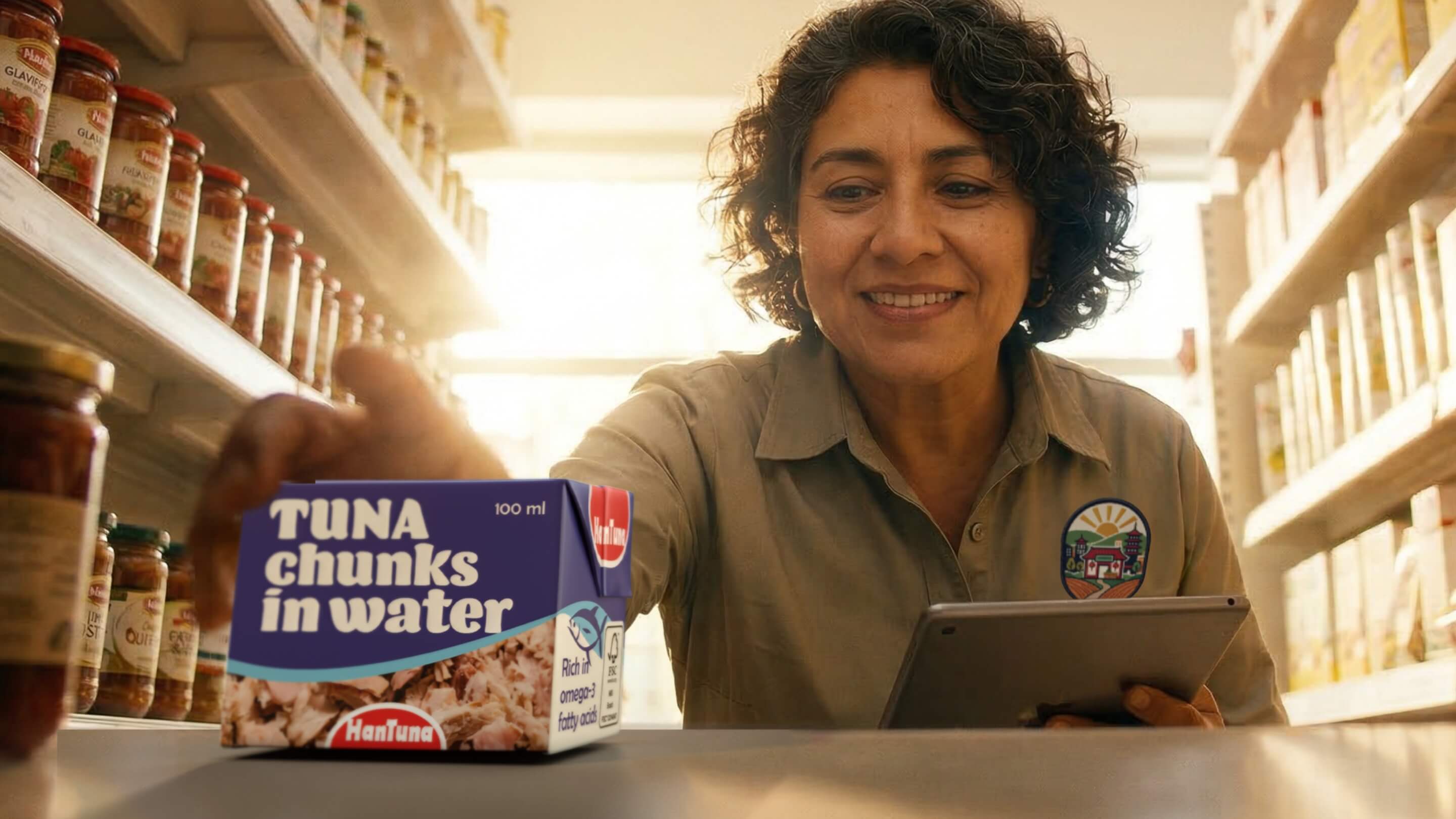 Saleswomen and tuna in Tetra Recart carton